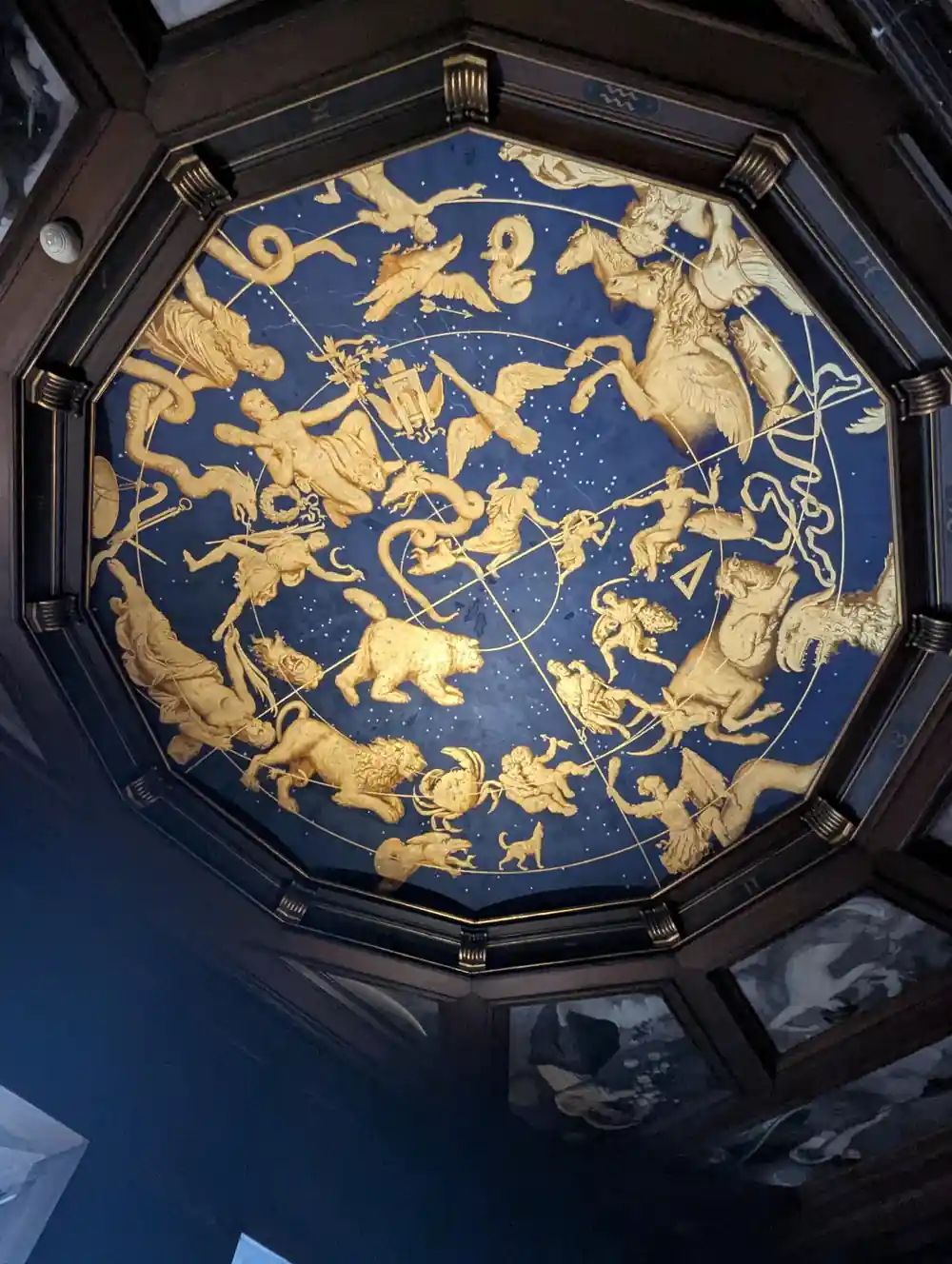 Golden zodiac constellations painted on dark blue circular ceiling