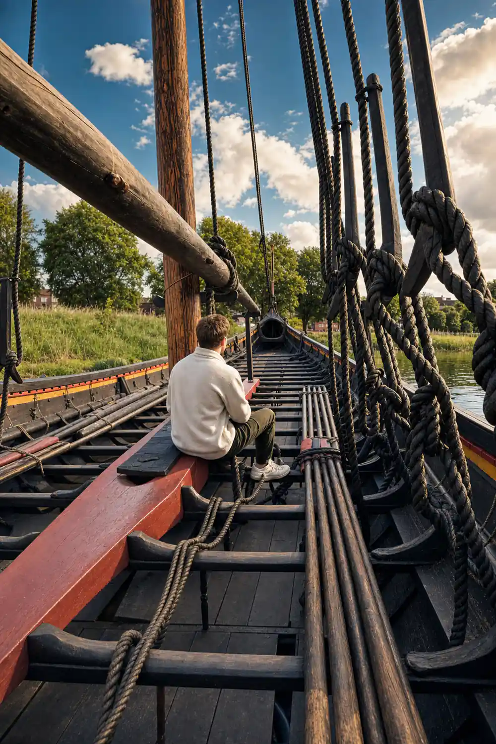 Historic wooden Viking ship interior with ropes and rails
